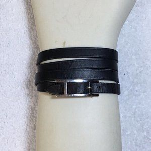 Hermès Black Leather Multi-Wrap Bracelet with Silvertone "H" Hardware (26.5in)